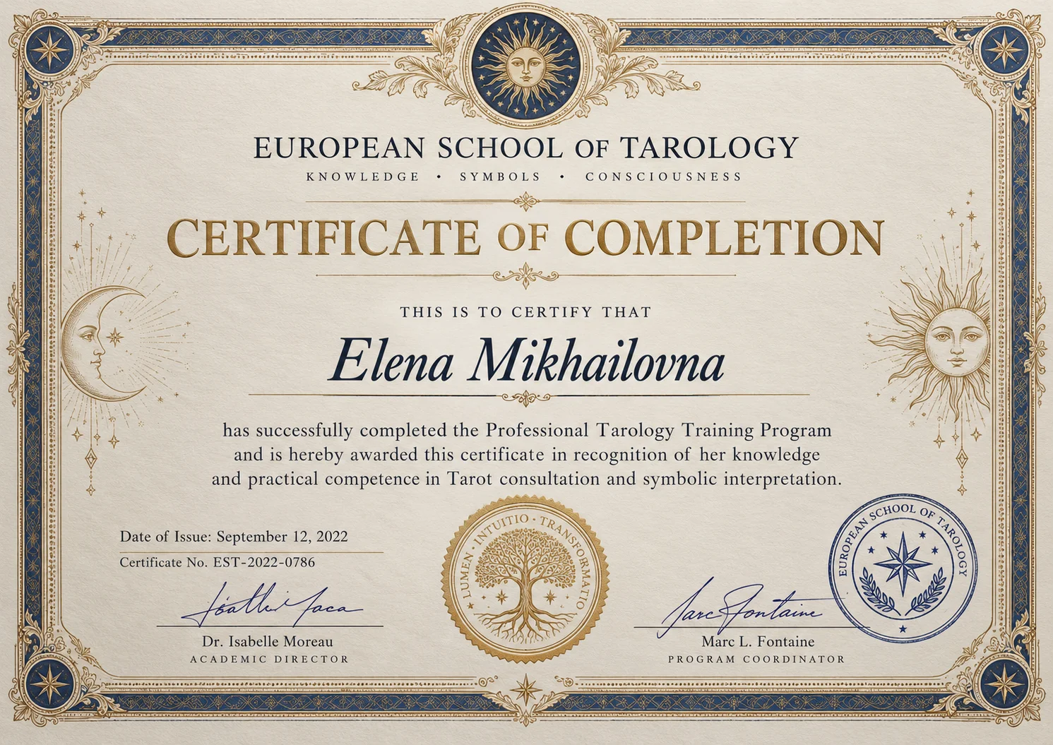 Сертификат таролога European School of Tarology - Елена Михайловна